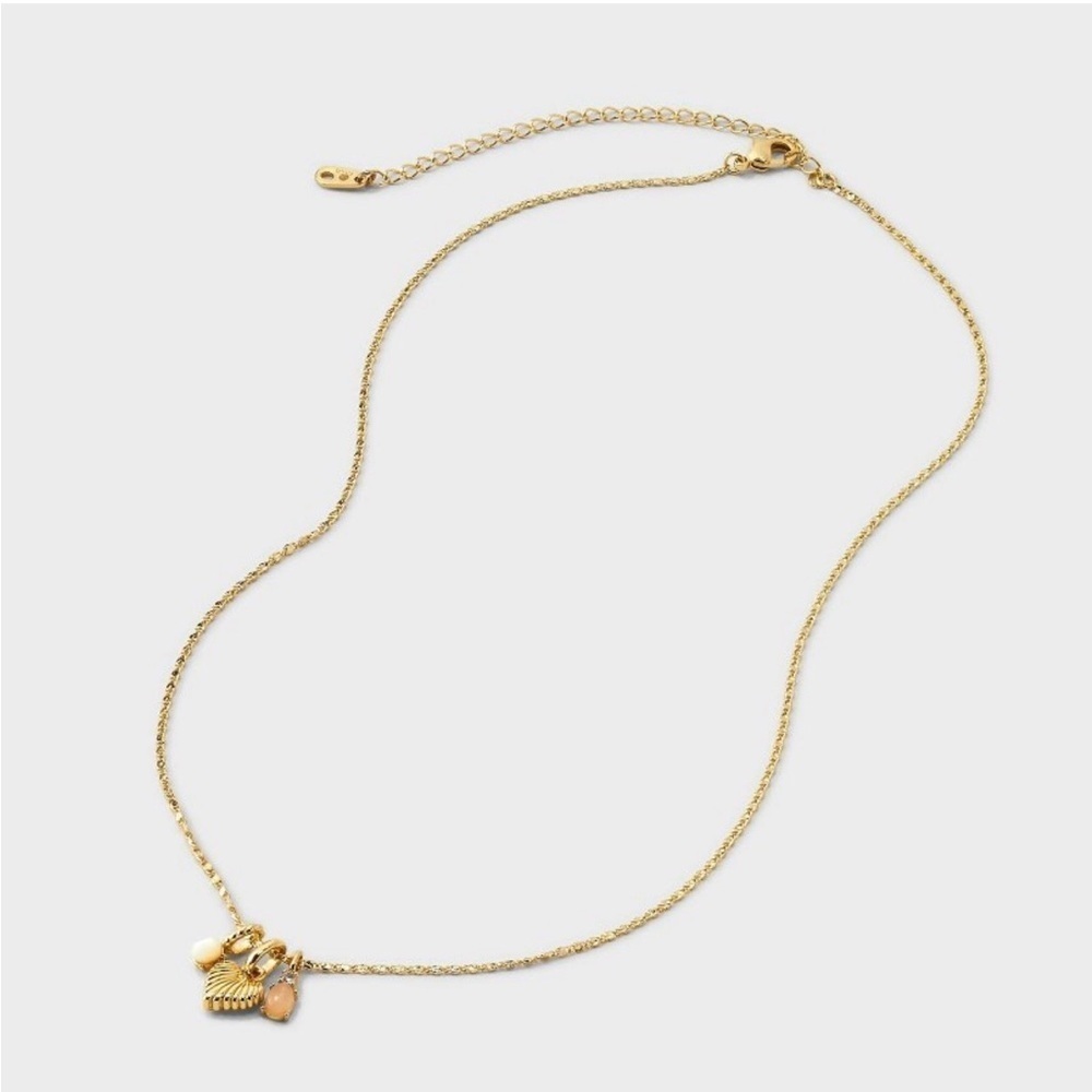 14K Gold Dipped Heart with Rose Quartz, Cubic Zirconia, Mother of Pearl Necklace - Picture 2 of 4